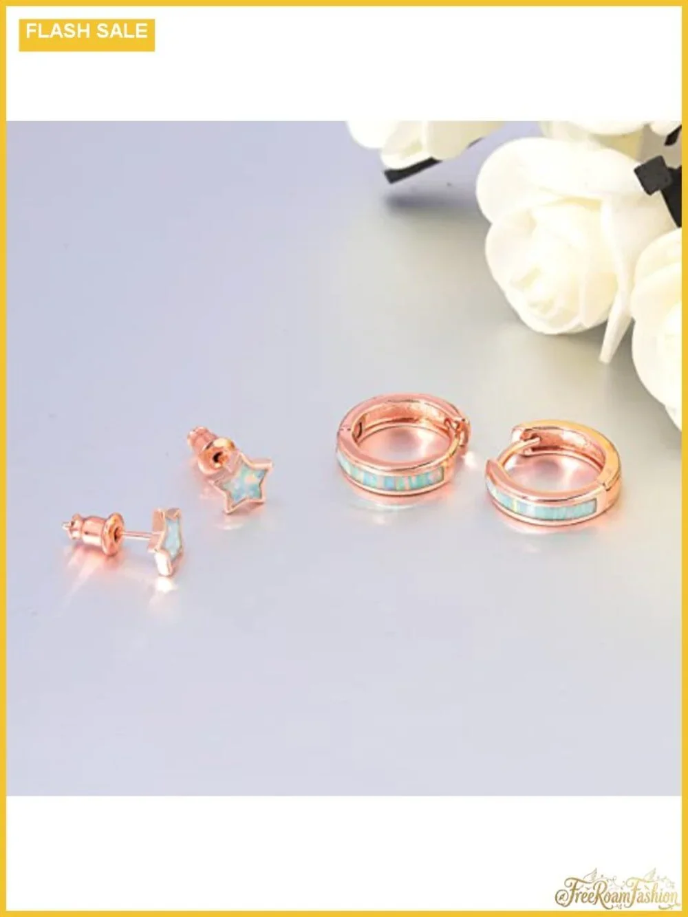 14K White Gold Plated Opal Huggie Hoop Earring Set Hypoallergenic Small Hoops